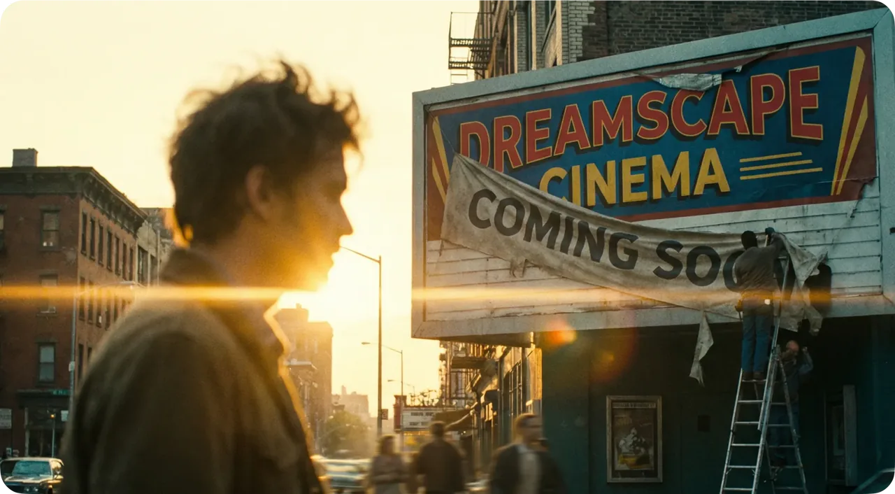 清晰呈现 Dreams Cape Cinema 字样的电影感城市广告牌