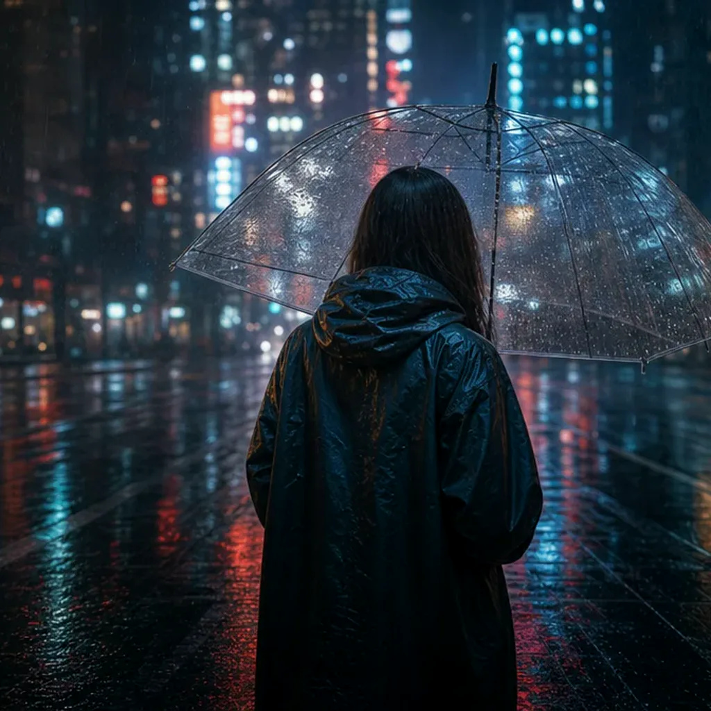 A lone creator under a transparent umbrella defines a neon rain visual direction
