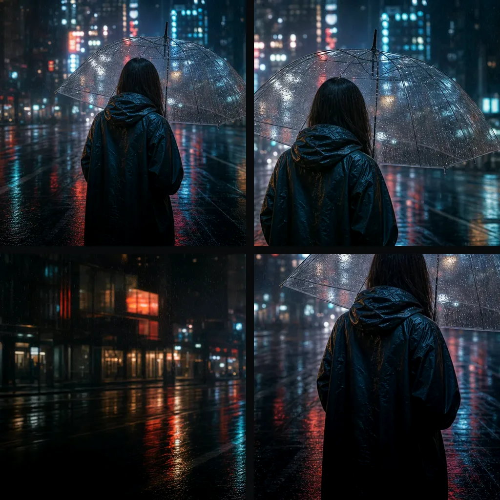 Four crops exploring the subject, umbrella, rain texture, and neon reflections