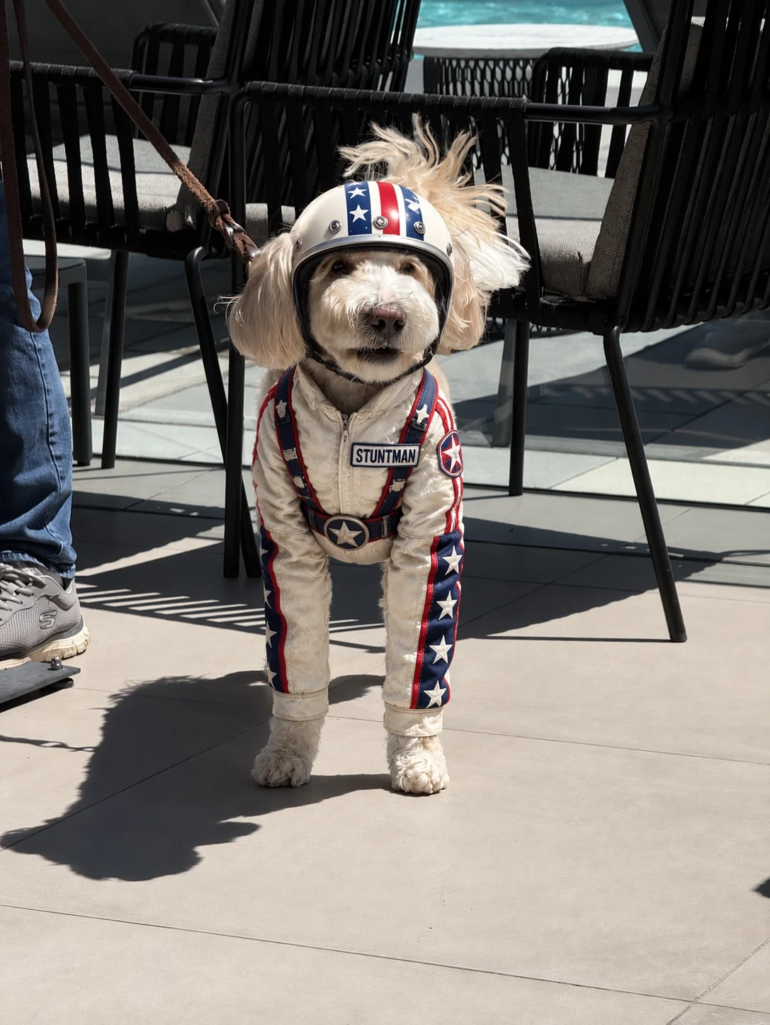 The same dog on the patio wearing a white stunt suit and helmet with red and blue stars and stripes