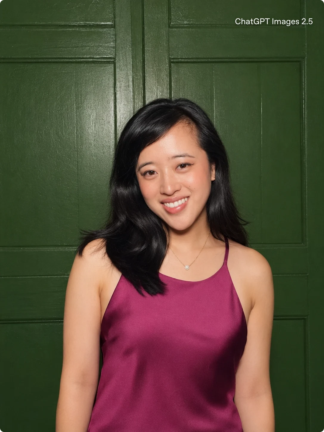 A full headshot of the smiling woman in a magenta top and pendant necklace against green paneled doors
