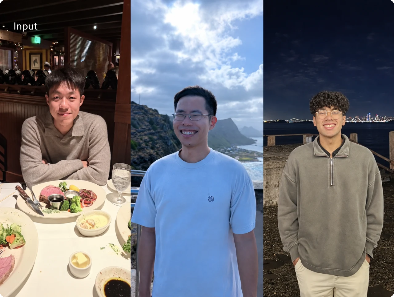 Three separate reference photographs of men in a restaurant, at a coastal overlook, and by a waterfront at night