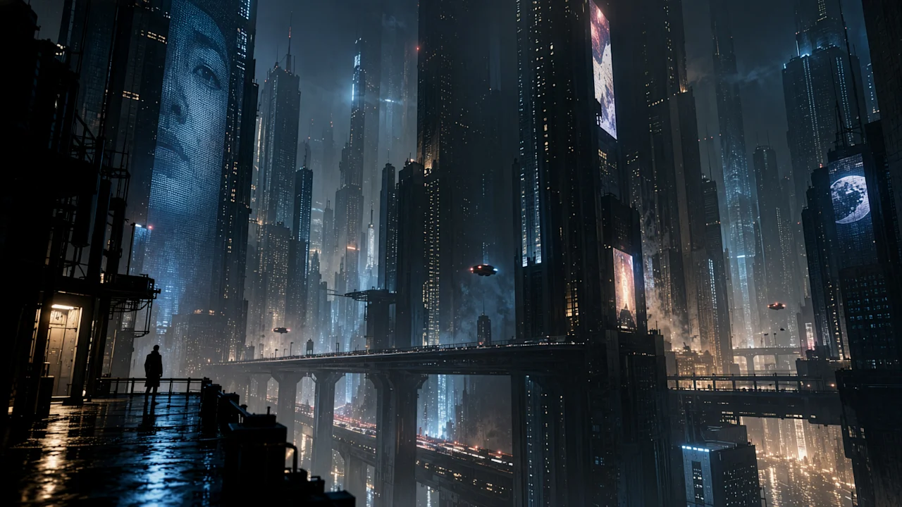 A wide futuristic cityscape with illuminated towers, elevated roads, flying vehicles, and a person on a wet balcony