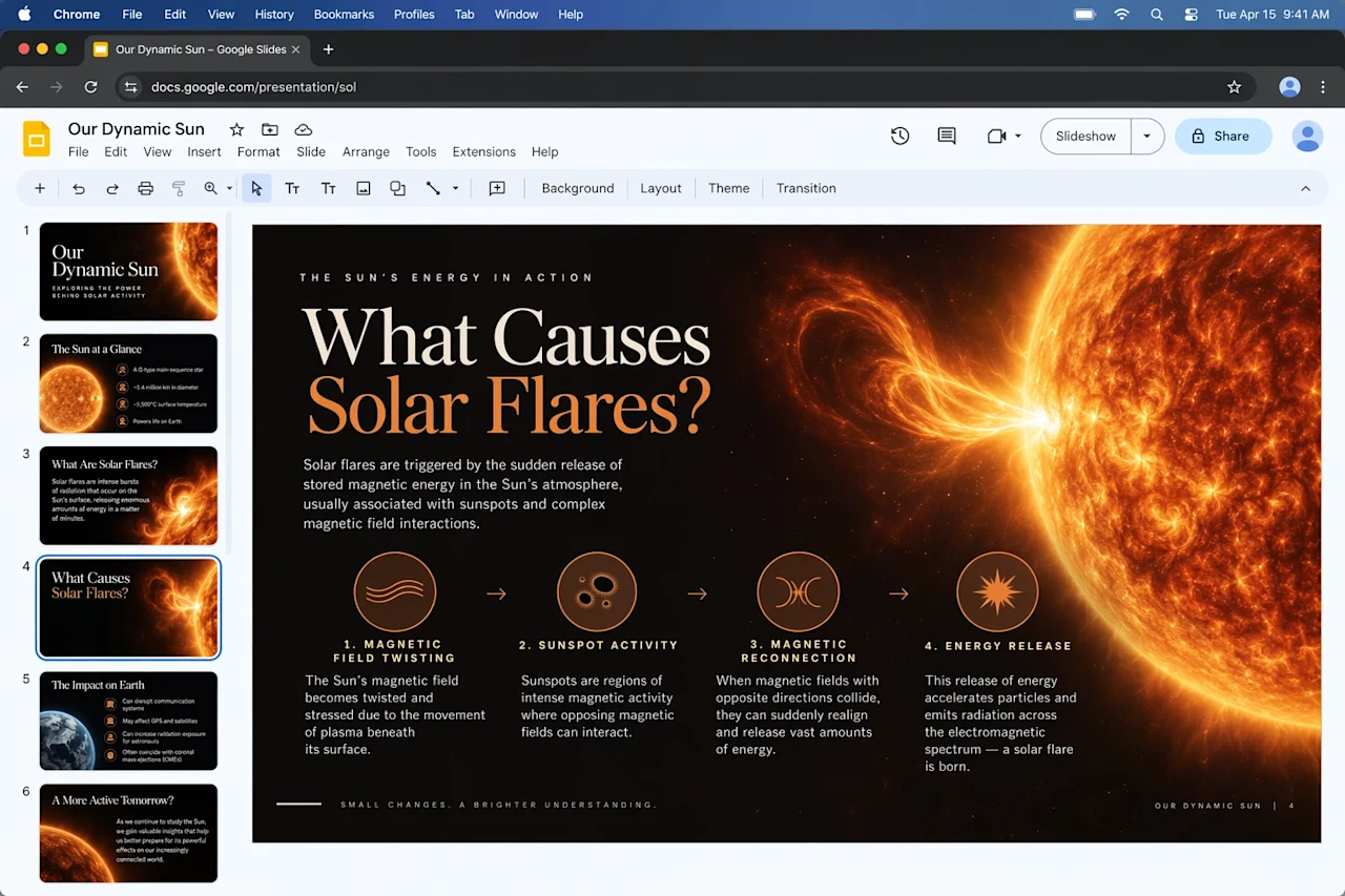 A landscape presentation explaining solar flares with labeled diagrams and an image of the Sun