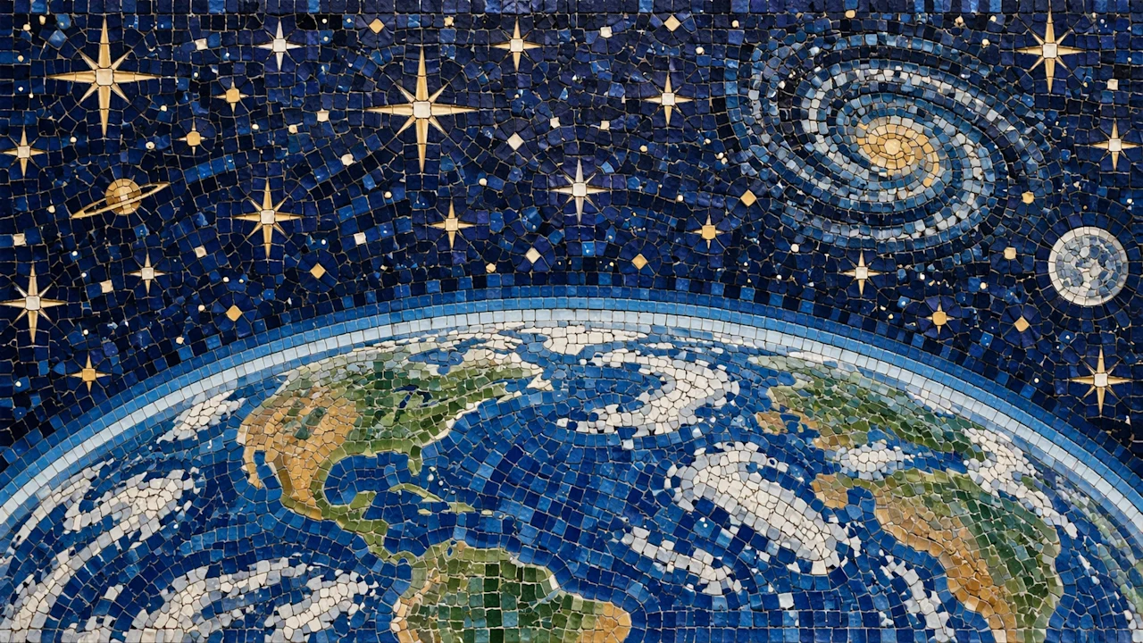 A blue and gold mosaic of Earth beneath a starry sky, with textured tiles, planets, and a spiral galaxy