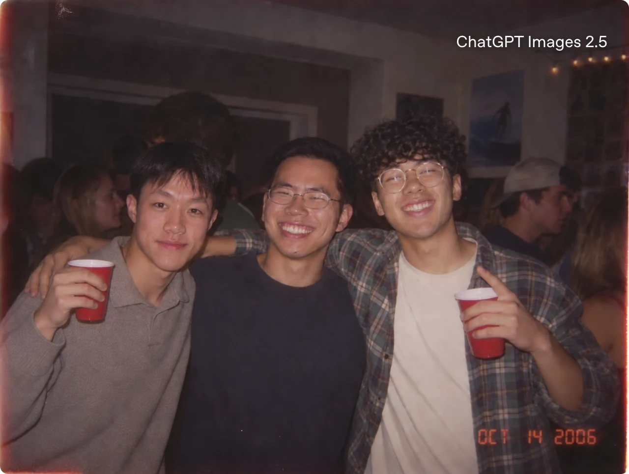 The three men standing shoulder to shoulder in a candid indoor party photograph