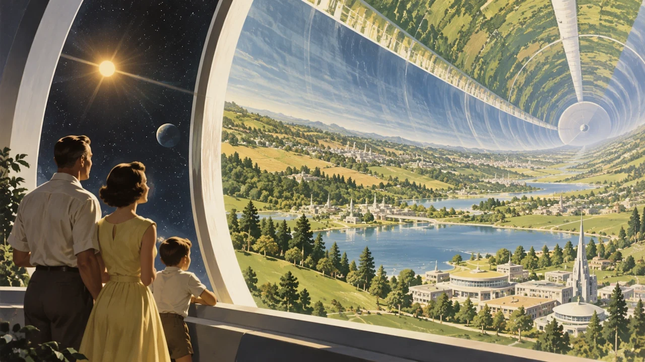 A retrofuturist illustration of a family overlooking a vast space habitat with forests, lakes, and a distant city