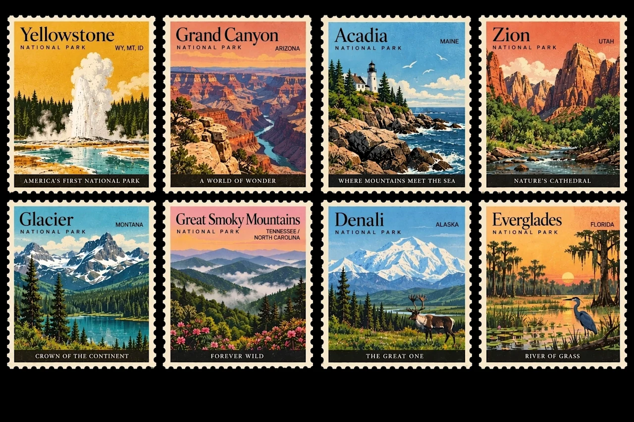 A wide collection of eight vintage-style US national park stamps with coordinated illustrations and readable place names