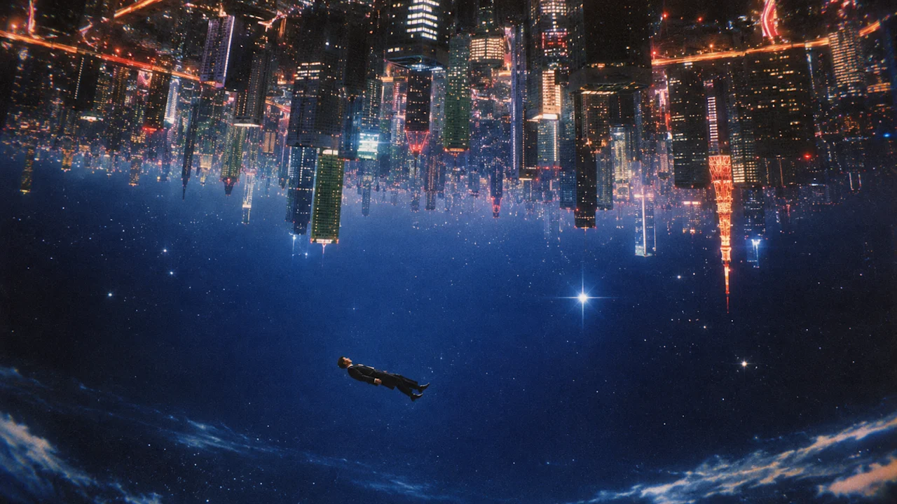 A person floating beneath an upside-down futuristic city in a luminous blue night sky