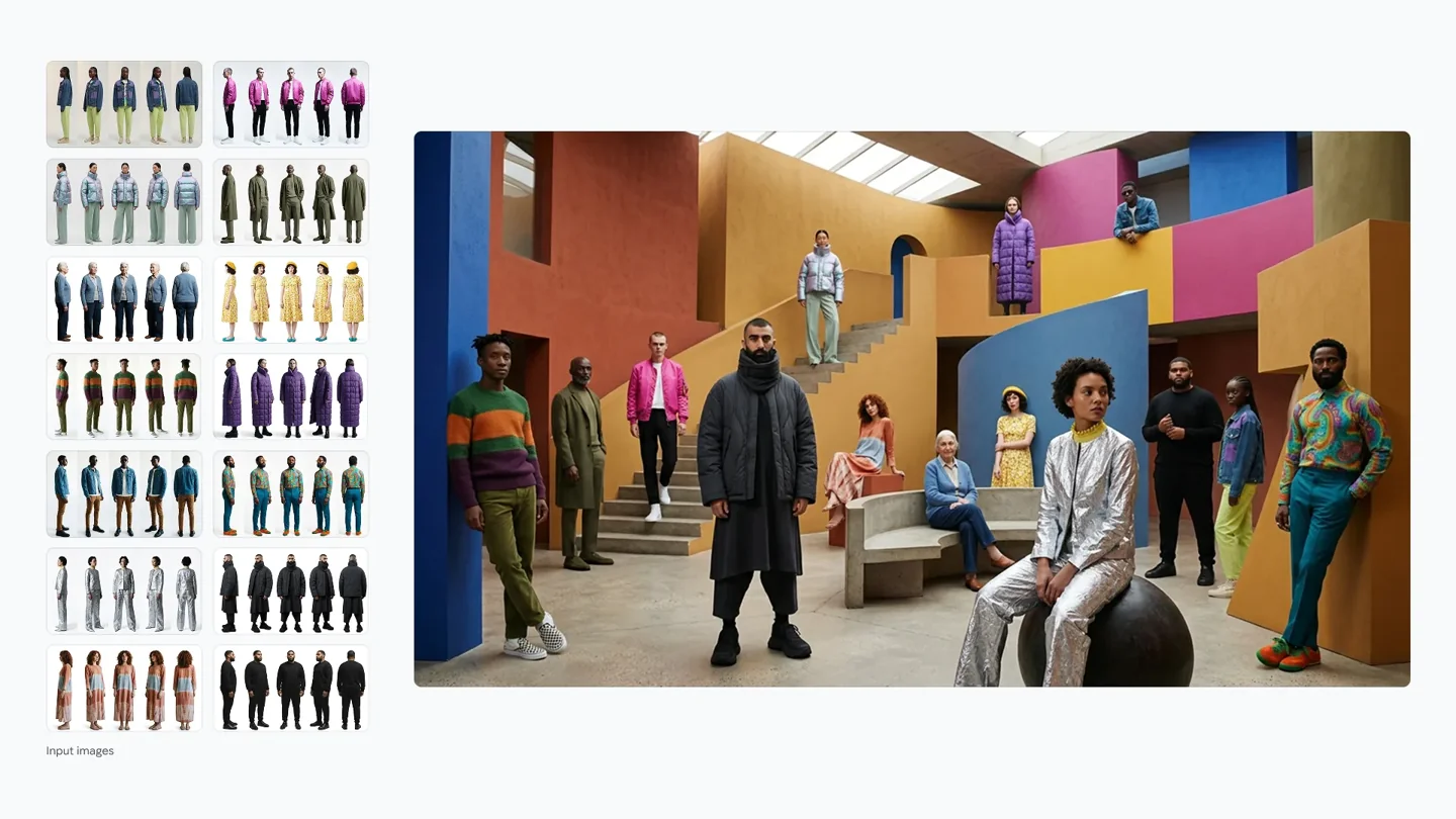 Official Nano Banana 2.1 example combining individual fashion model references into one group photograph