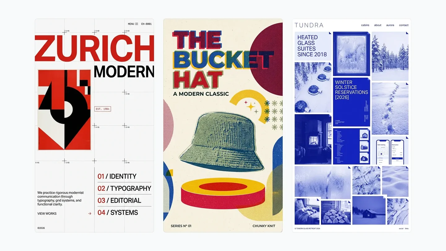 Official Nano Banana 2.1 examples of Swiss graphic design, a retro poster, and a winter website mockup
