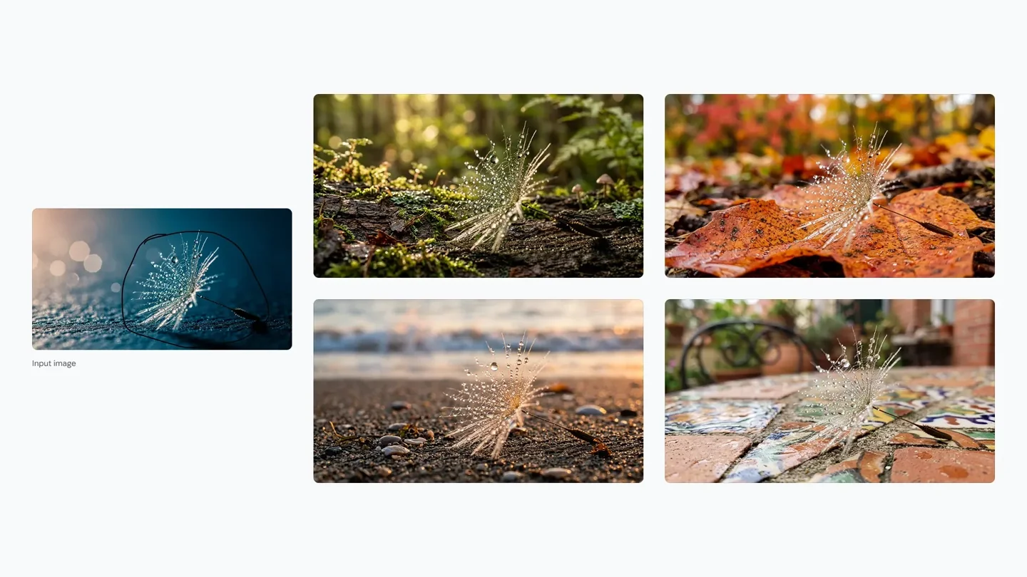 Official Nano Banana 2.1 masked editing example, with an input dandelion seed and four new backgrounds